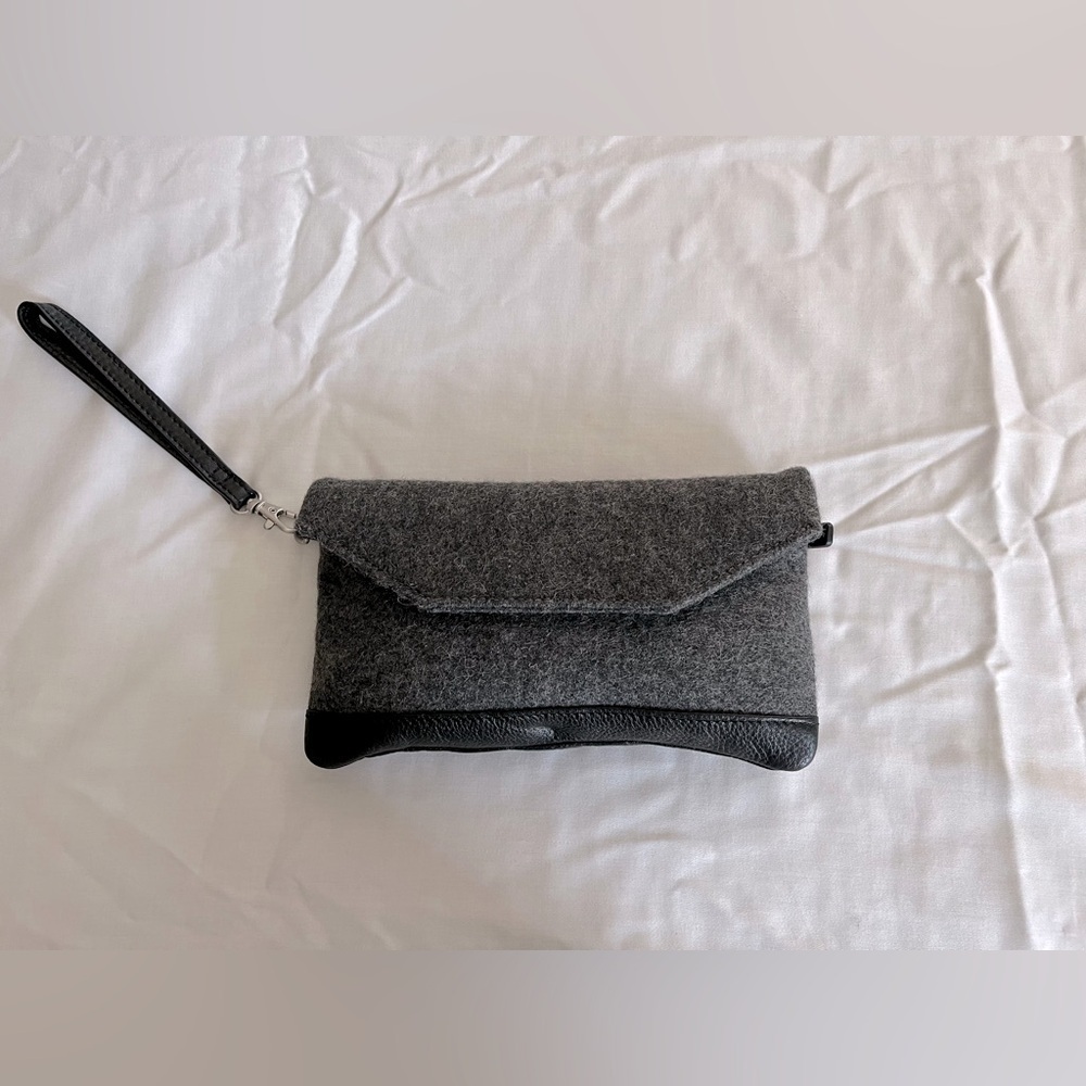 VTG L.L. Bean Small Wool Blend Leather Wristlet Purse Wallet Gray/Black EUC